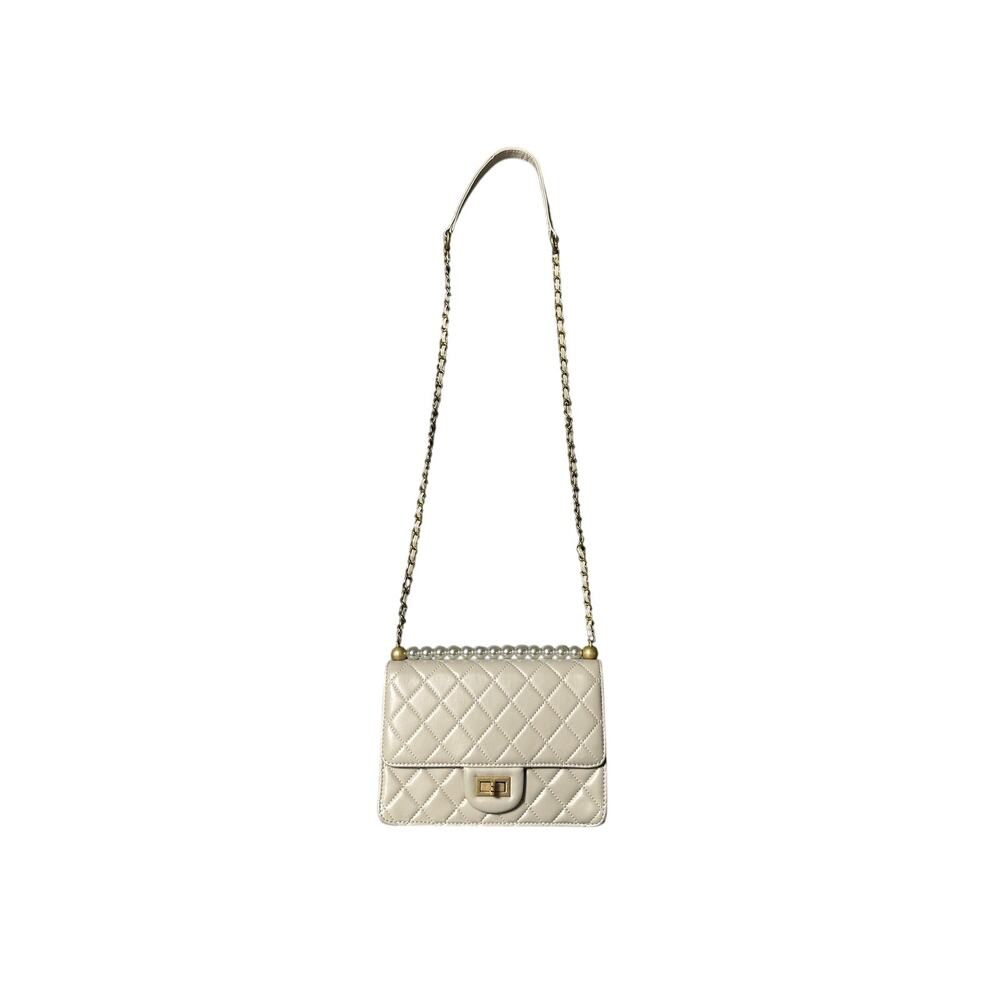 Tiffany & Fred Paris Cream Leather Quilted Pearl Crossbody Purse
